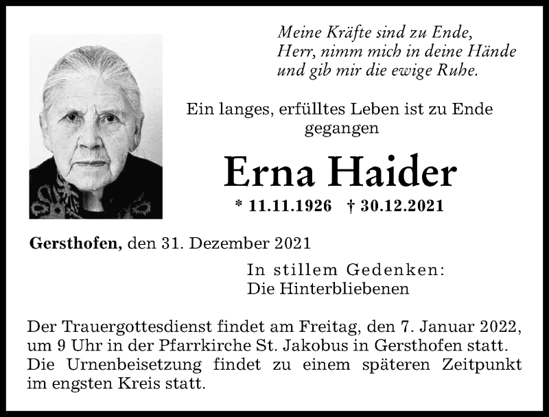 Traueranzeige von Erna Haider von Augsburger Allgemeine