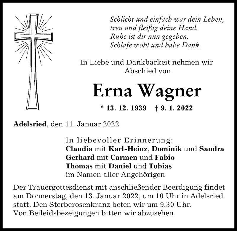 Traueranzeige von Erna Wagner von Augsburg-Land