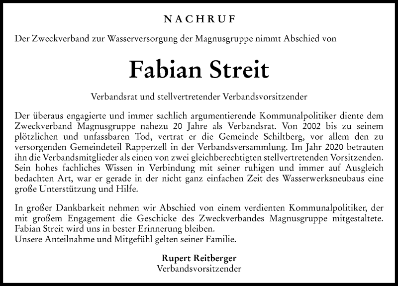 Traueranzeige von Fabian Streit von Aichacher Nachrichten