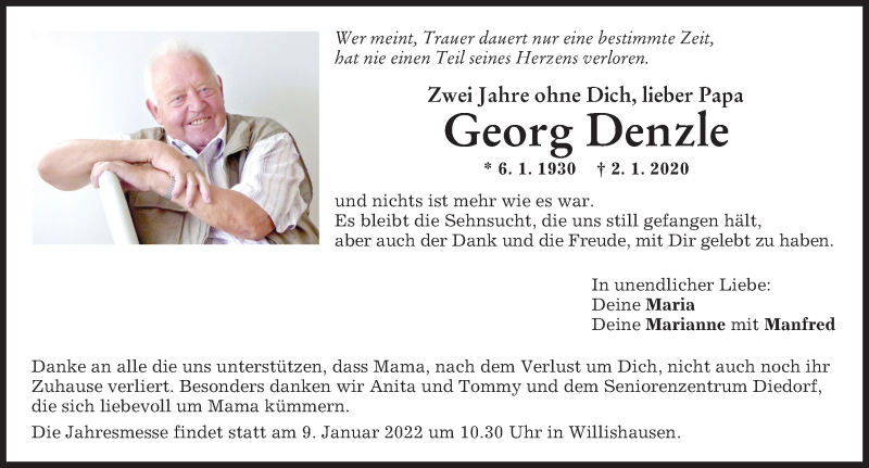  Traueranzeige für Georg Denzle vom 31.12.2021 aus Augsburger Allgemeine
