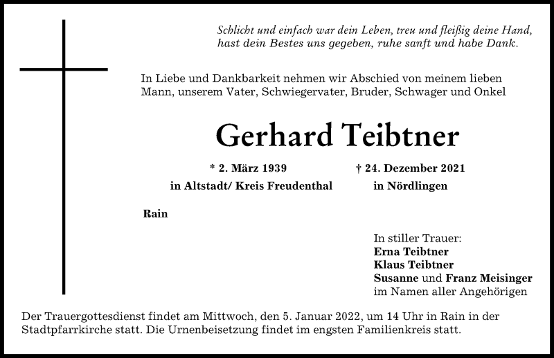 Traueranzeige von Gerhard Teibtner von Donauwörther Zeitung