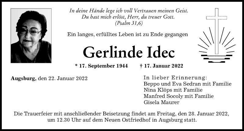 Traueranzeige von Gerlinde Idec von Augsburger Allgemeine