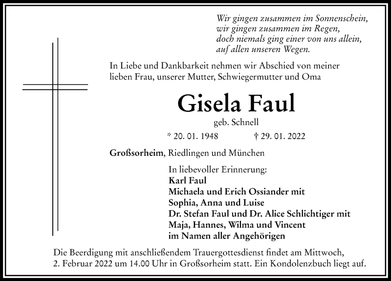 Traueranzeigen Von Gisela Faul Augsburger Allgemeine Zeitung