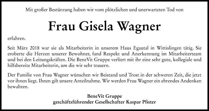 Traueranzeige von Gisela Wagner von Donau Zeitung