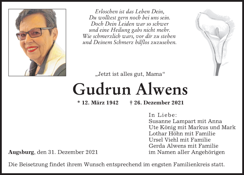 Traueranzeige von Gudrun Alwens von Augsburger Allgemeine