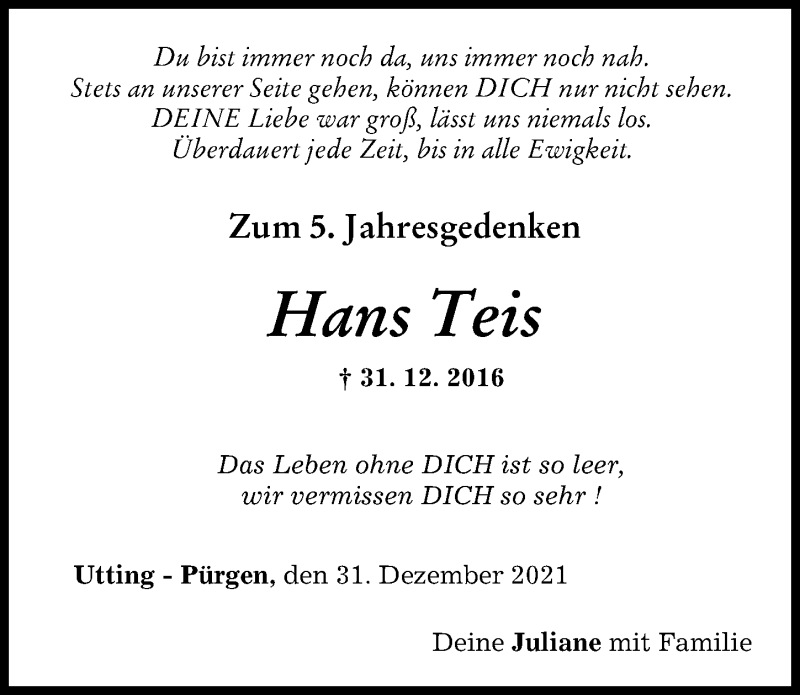 Traueranzeige von Hans Teis von Landsberger Tagblatt