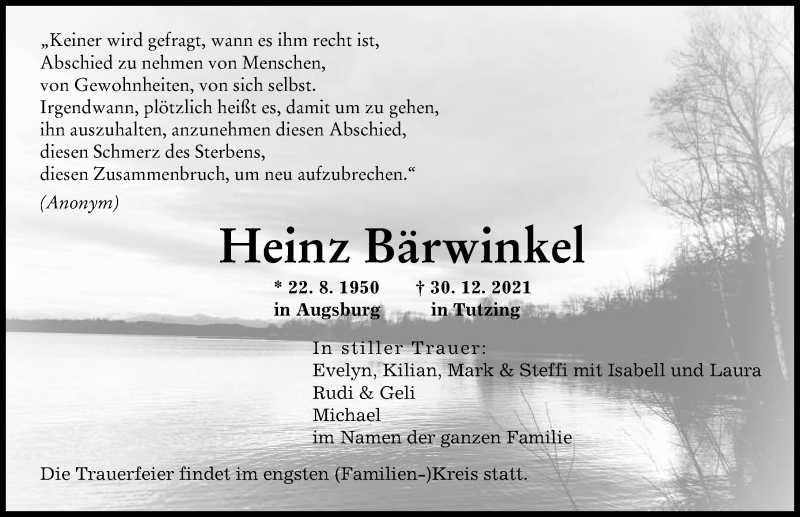 Traueranzeige von Heinz Bärwinkel von Augsburger Allgemeine