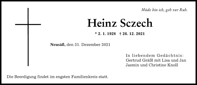 Traueranzeige von Heinz Sczech von Augsburger Allgemeine