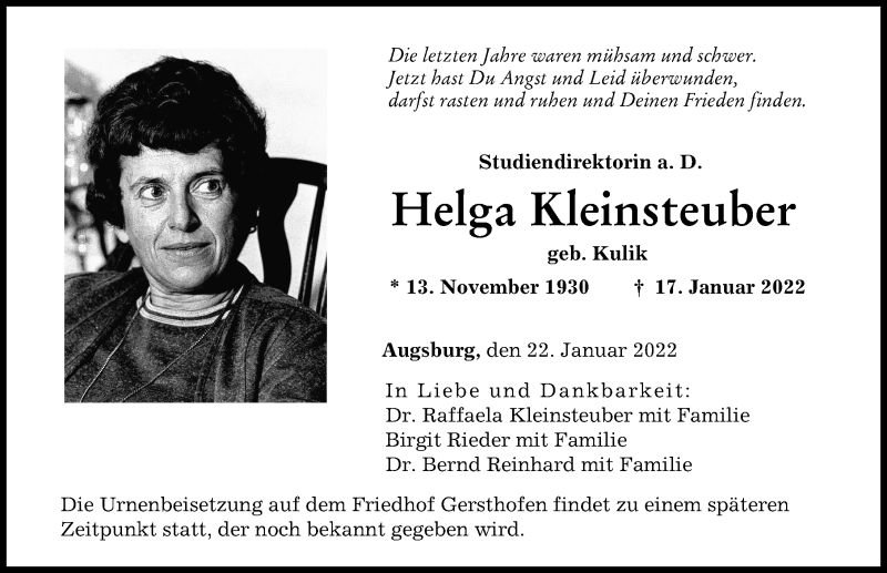 Traueranzeige von Helga Kleinsteuber von Augsburger Allgemeine