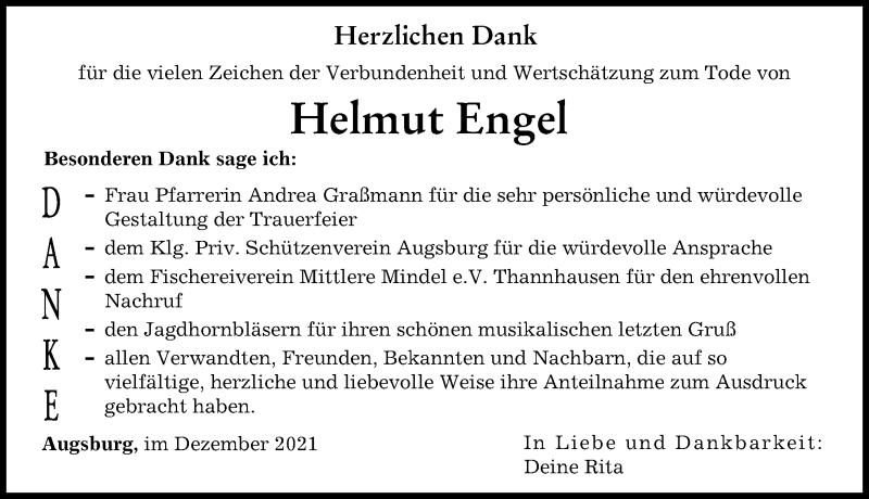 Traueranzeige von Helmut Engel von Augsburger Allgemeine