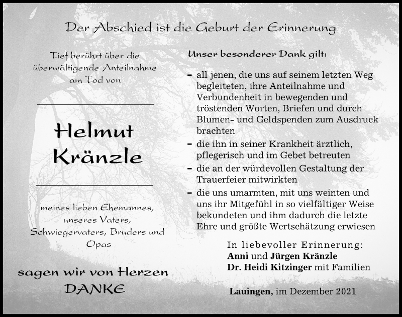 Traueranzeigen von Helmut Kränzle | Augsburger Allgemeine Zeitung