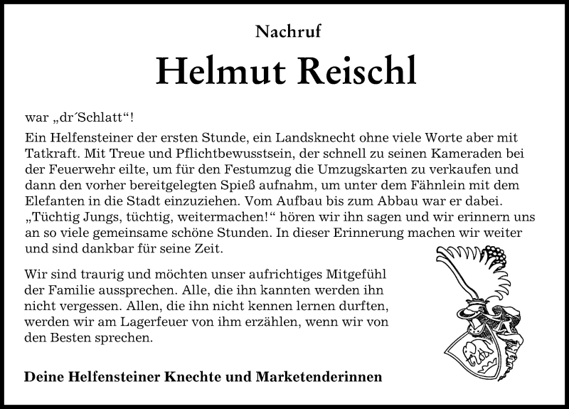 Traueranzeige von Helmut Reischl von Mindelheimer Zeitung