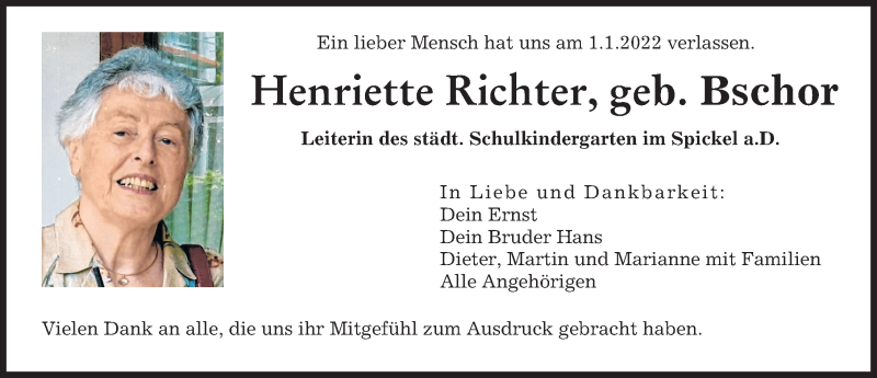 Traueranzeige von Henriette Richter von Augsburger Allgemeine
