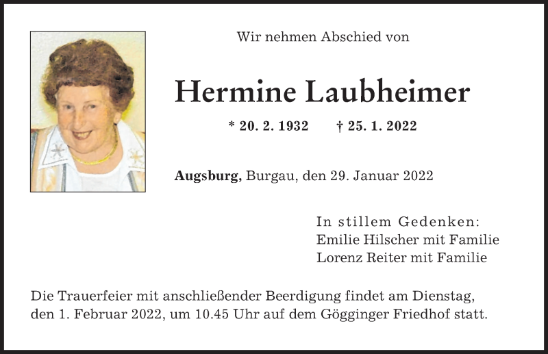 Traueranzeige von Hermine Laubheimer von Günzburger Zeitung, Augsburger Allgemeine