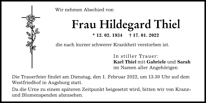 Traueranzeige von Hildegard Thiel von Augsburger Allgemeine