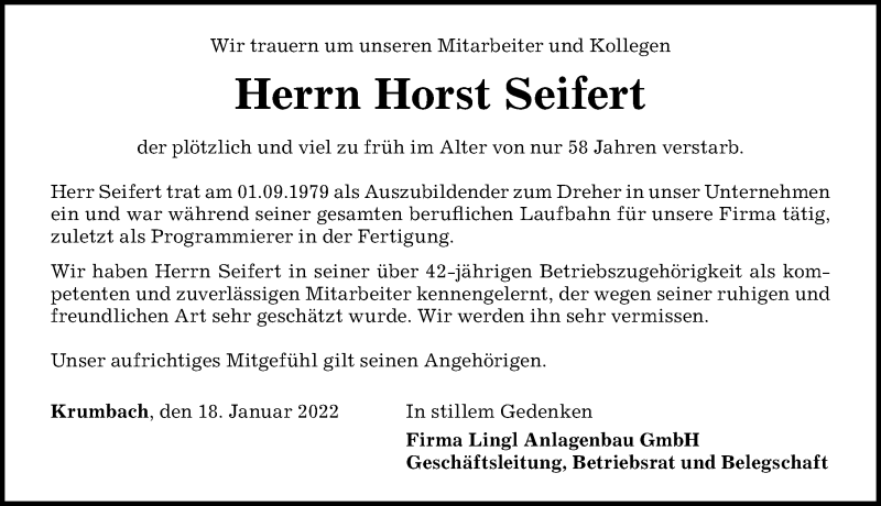  Traueranzeige für Horst Seifert vom 18.01.2022 aus Mittelschwäbische Nachrichten