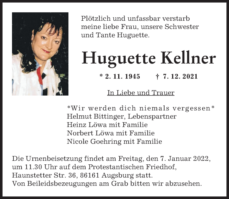 Traueranzeige von Huguette Kellner von Augsburger Allgemeine