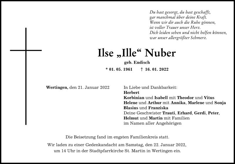 Traueranzeige von Ilse Nuber von Wertinger Zeitung