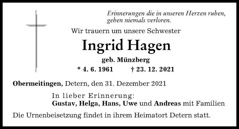 Traueranzeige von Ingrid Hagen von Schwabmünchner Allgemeine