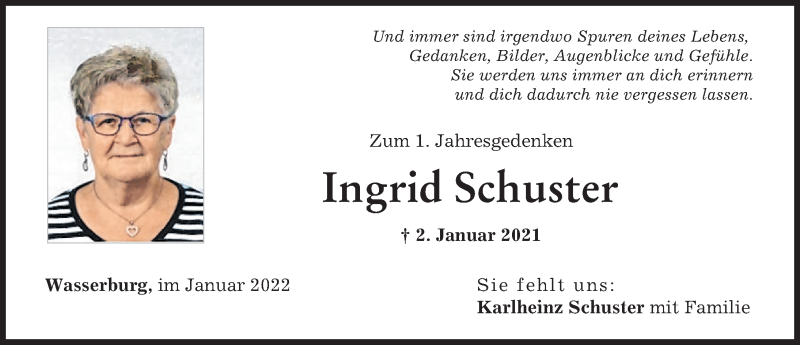 Traueranzeige von Ingrid Schuster von Günzburger Zeitung