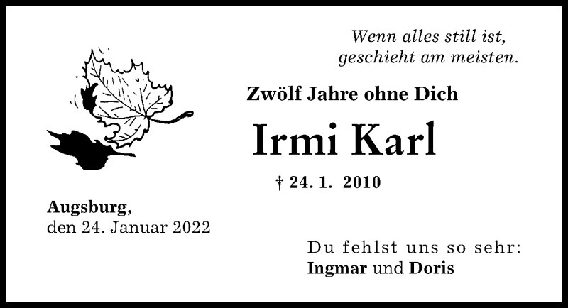  Traueranzeige für Irmi Karl vom 24.01.2022 aus Augsburger Allgemeine