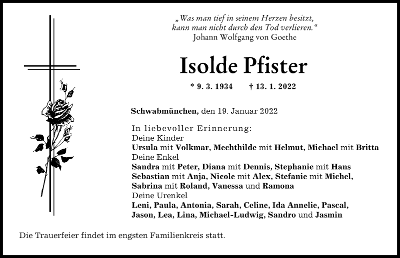 Traueranzeige von Isolde Pfister von Schwabmünchner Allgemeine