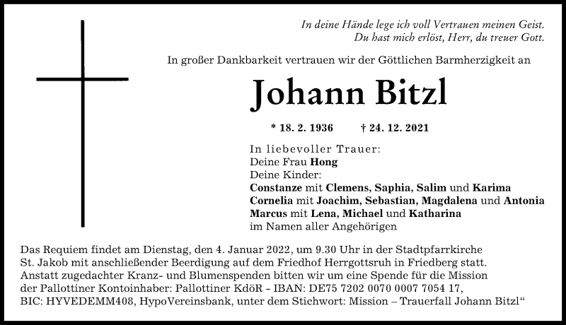 Traueranzeige von Johann Bitzl von Friedberger Allgemeine