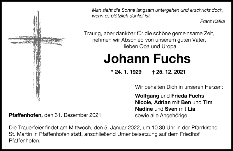 Traueranzeige von Johann Fuchs von Neu-Ulmer Zeitung