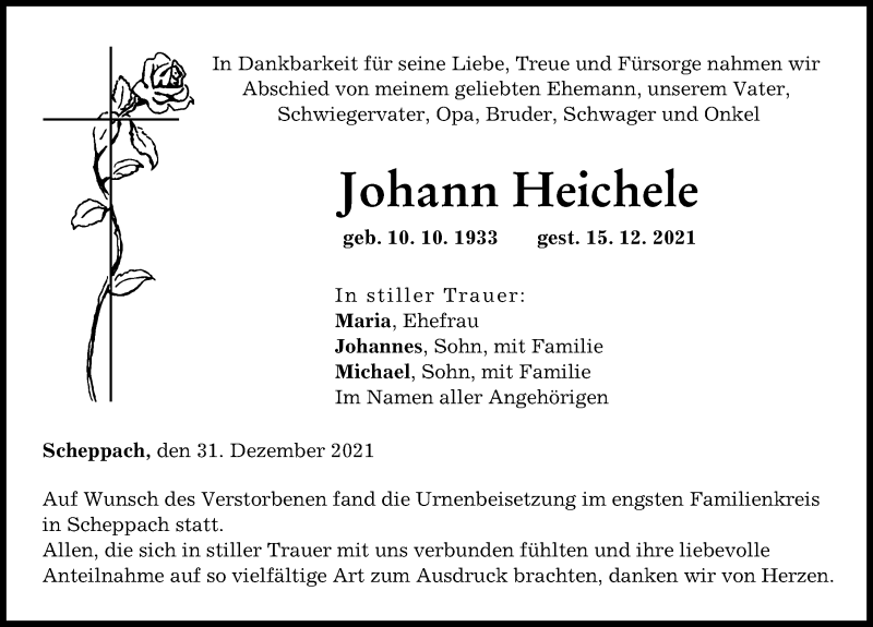 Traueranzeige von Johann Heichele von Günzburger Zeitung