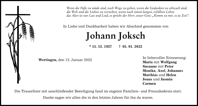 Traueranzeige von Johann Joksch von Wertinger Zeitung