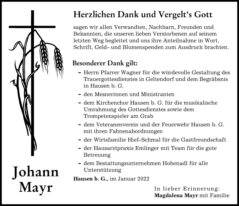 Traueranzeigen Von Johann Mayr Augsburger Allgemeine Zeitung