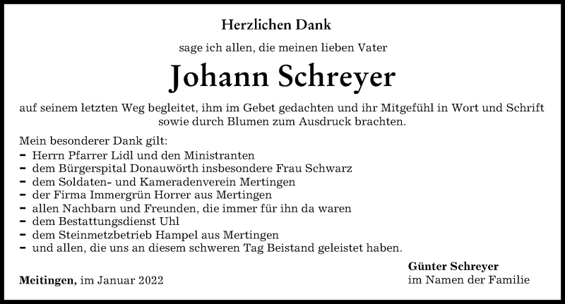 Traueranzeige von Johann Schreyer von Donauwörther Zeitung