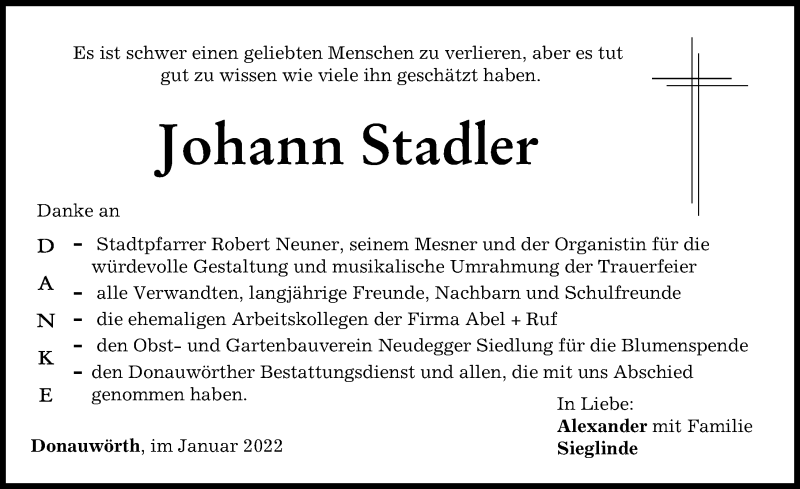 Traueranzeige von Johann Stadler von Donauwörther Zeitung