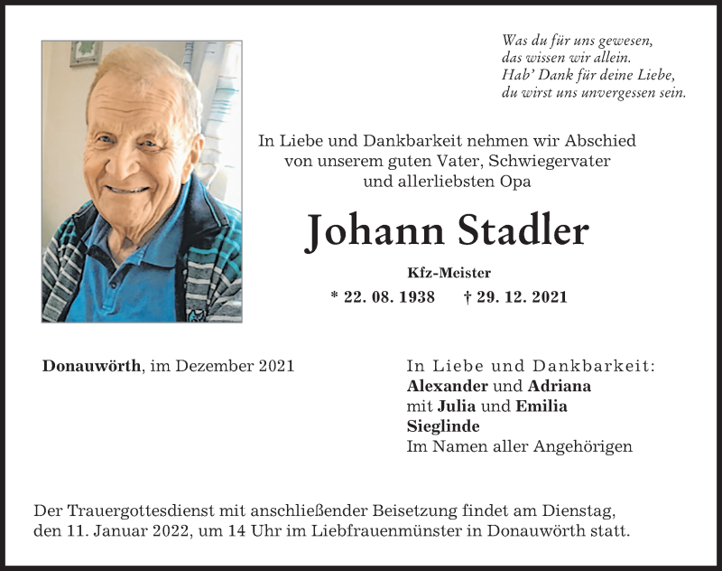 Traueranzeige von Johann Stadler von Donauwörther Zeitung