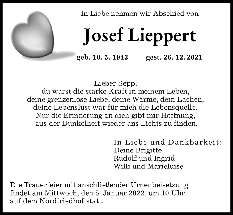 Traueranzeige von Josef Lieppert von Augsburger Allgemeine