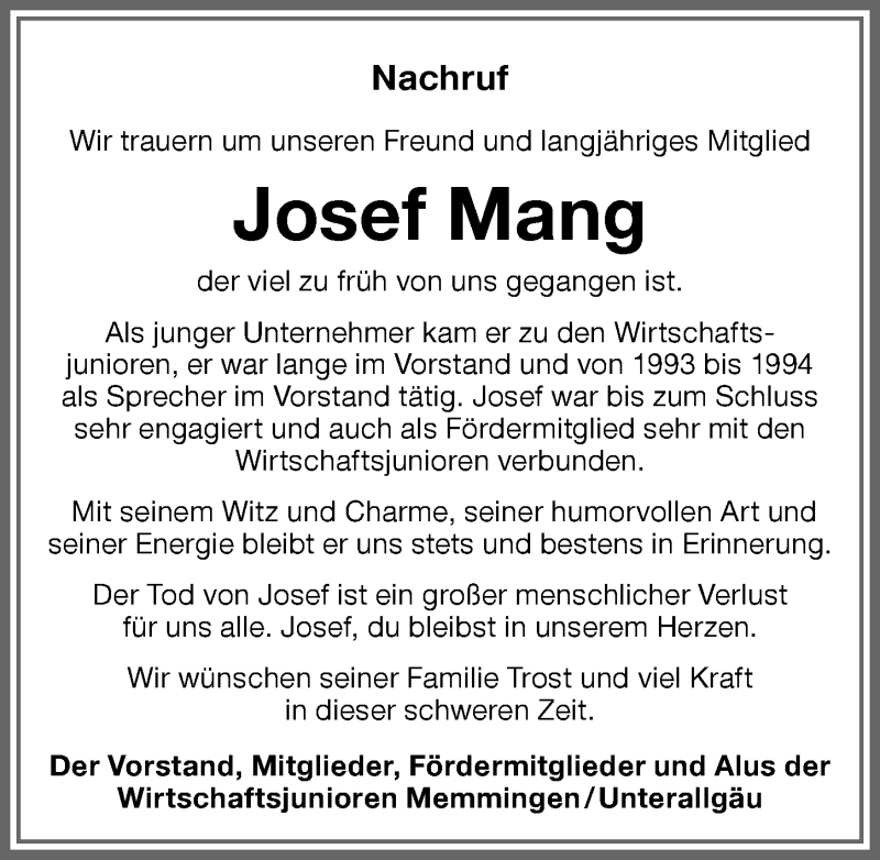 Traueranzeige von Josef Mang von Mindelheimer Zeitung, Augsburger Allgemeine