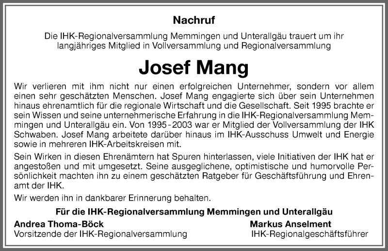 Traueranzeige von Josef Mang von Mindelheimer Zeitung, Augsburger Allgemeine