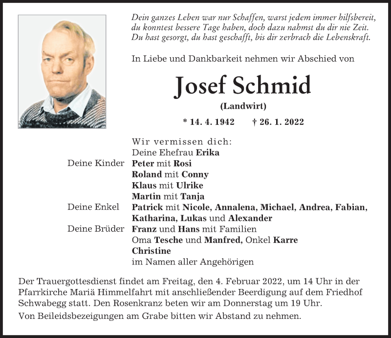 Traueranzeigen von Josef Schmid | Augsburger Allgemeine Zeitung