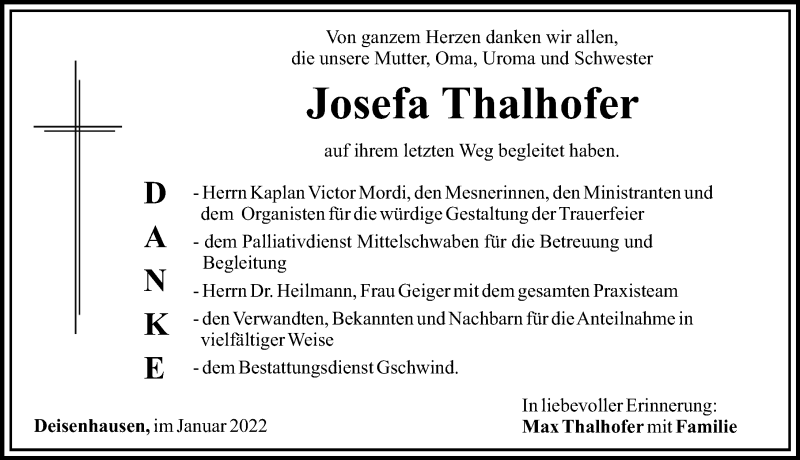 Traueranzeige von Josefa Thalhofer von Mittelschwäbische Nachrichten