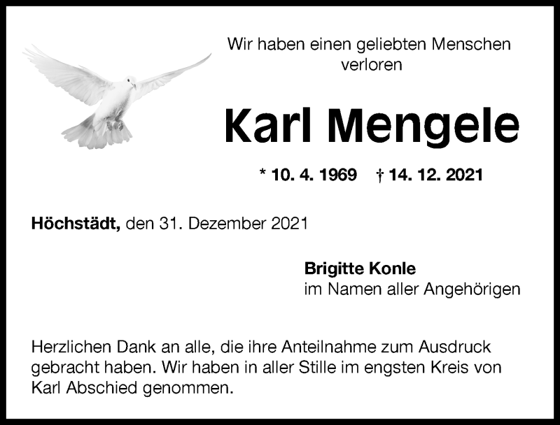 Traueranzeige von Karl Mengele von Donau Zeitung