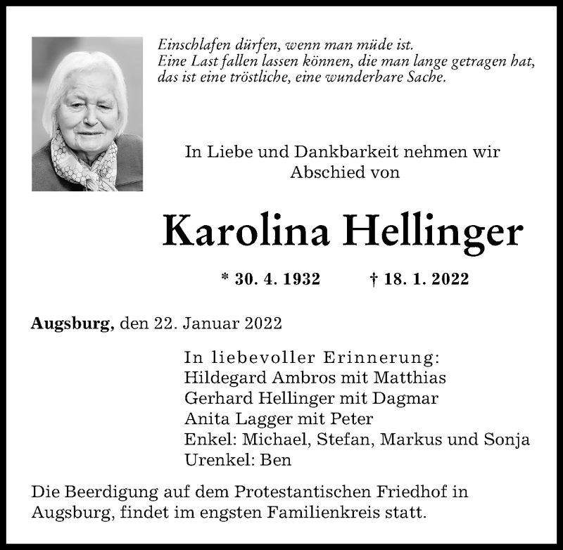 Traueranzeige von Karolina Hellinger von Augsburger Allgemeine