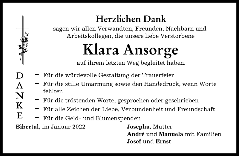 Traueranzeige von Klara Ansorge von Neu-Ulmer Zeitung, Günzburger Zeitung