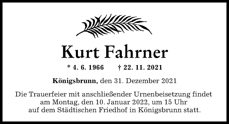 Traueranzeige von Kurt Fahrner von Augsburger Allgemeine