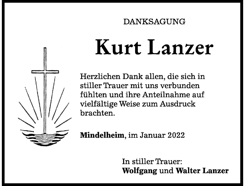 Traueranzeige von Kurt Lanzer von Mindelheimer Zeitung