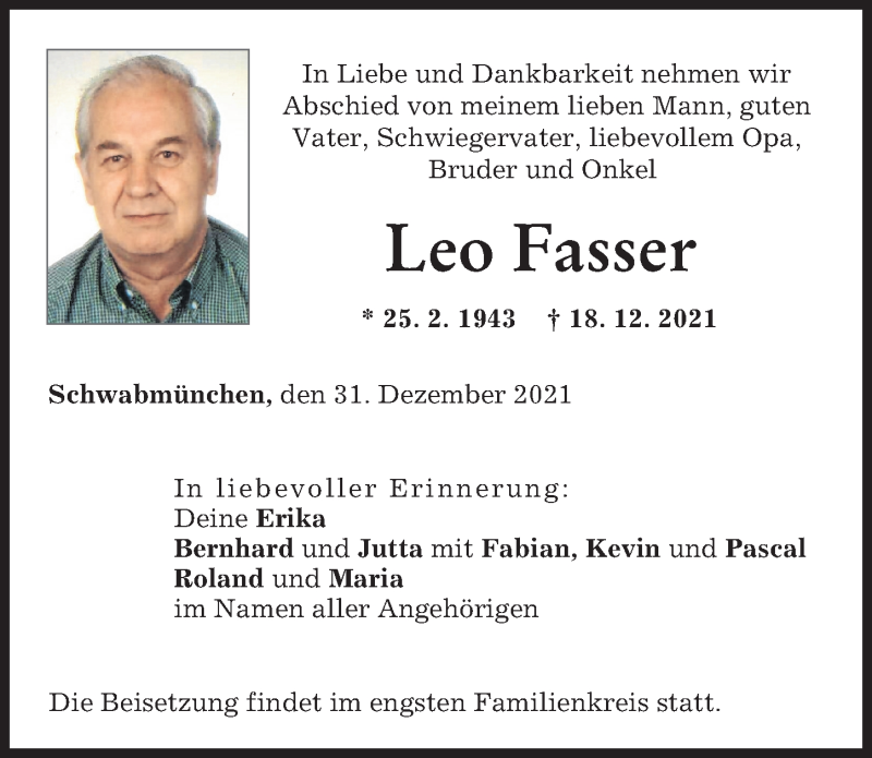 Traueranzeige von Leo Fasser von Schwabmünchner Allgemeine