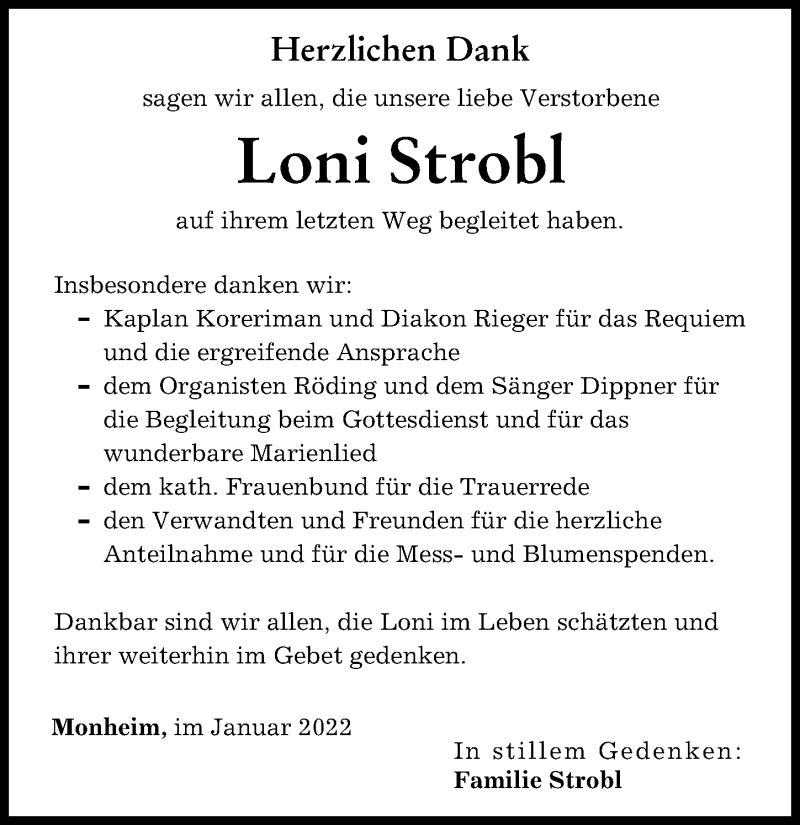 Traueranzeige von Loni Strobl von Donauwörther Zeitung