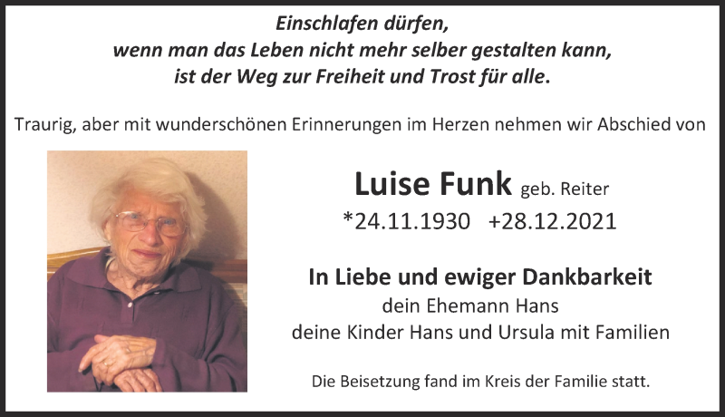 Traueranzeige von Luise Funk von Augsburger Allgemeine