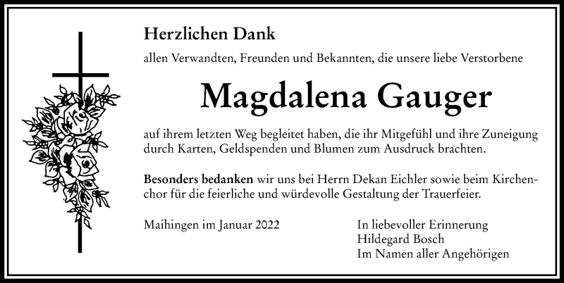 Traueranzeige von Magdalena Gauger von Rieser Nachrichten