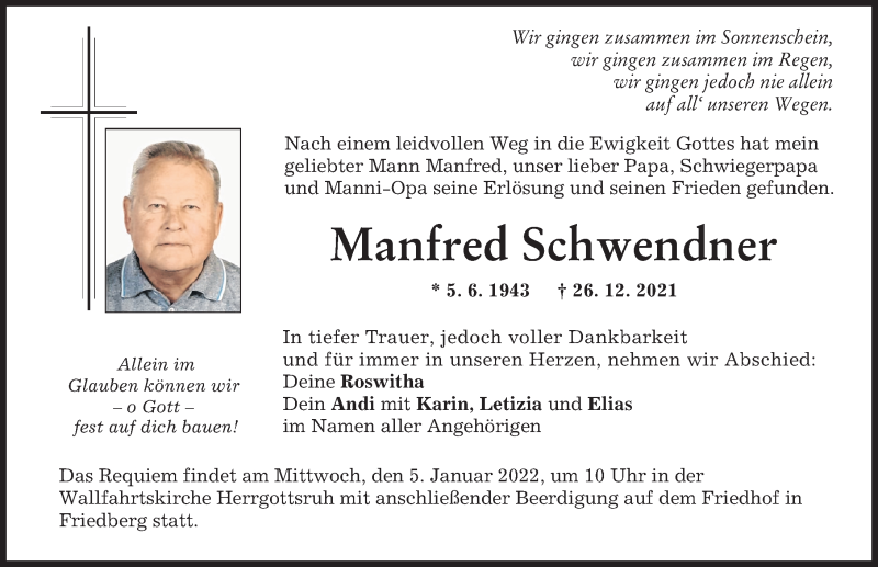 Traueranzeige von Manfred Schwendner von Friedberger Allgemeine, Augsburger Allgemeine