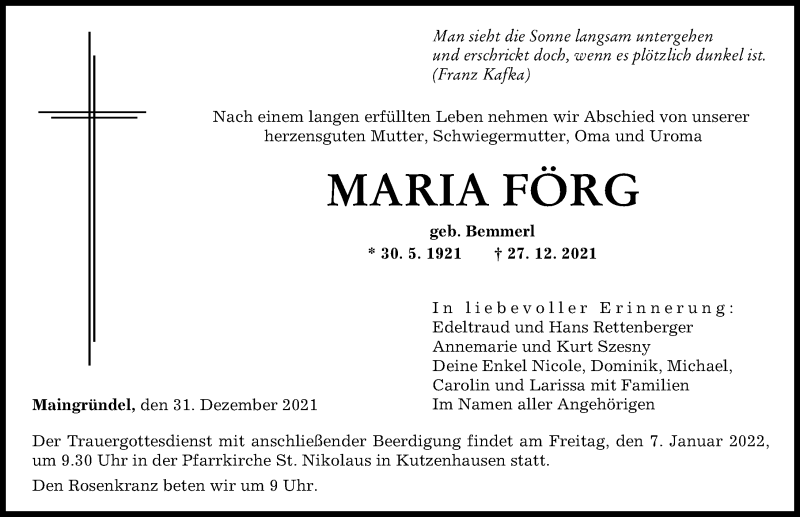 Traueranzeige von Maria Förg von Augsburger Allgemeine